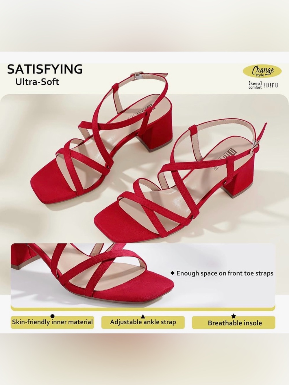 IDIFU Red Suede Square Toe Strappy Crisscross Block Heel Sandals US 7.5 NWT - Picture 7 of 10